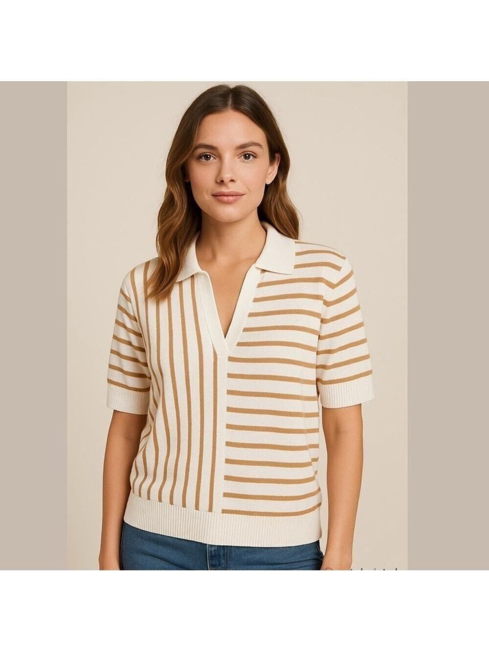 Aaeda Polo Collar Stripe Sweater Gold Metallic short sleeves Sz XL